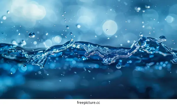 Water surface with bubbles and light blue bokeh background