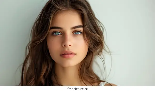 portrait of a beautiful young woman with blue eyes and brown hair