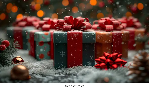 Christmas presents under a snowy Christmas tree