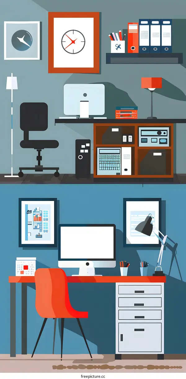 Modern Office Workspace Interior Design with Desk, Computer and Chair