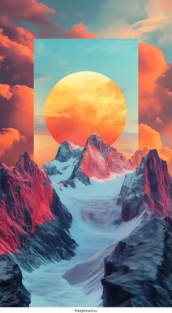 Abstract Mountain Sunset Landscape with Big Sun