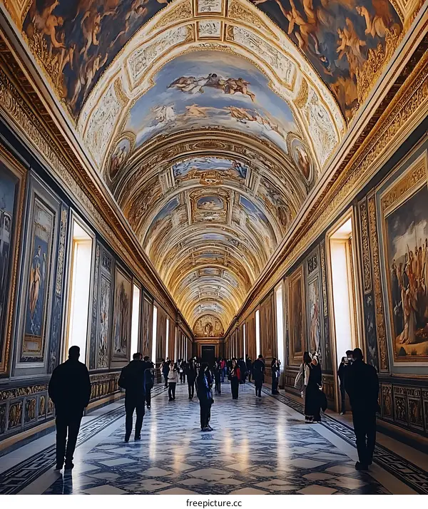Beautiful Palace Hallway With Golden Ceiling And Paintings