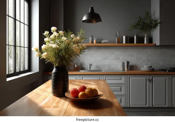 Modern Kitchen Interior Design with Wooden Table and Plants
