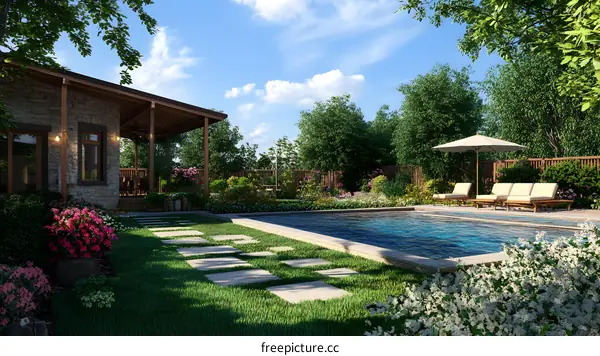 Backyard Swimming Pool With Stone House And Green Grass