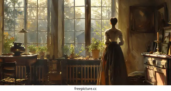 Woman Looking Out Window in Vintage Room