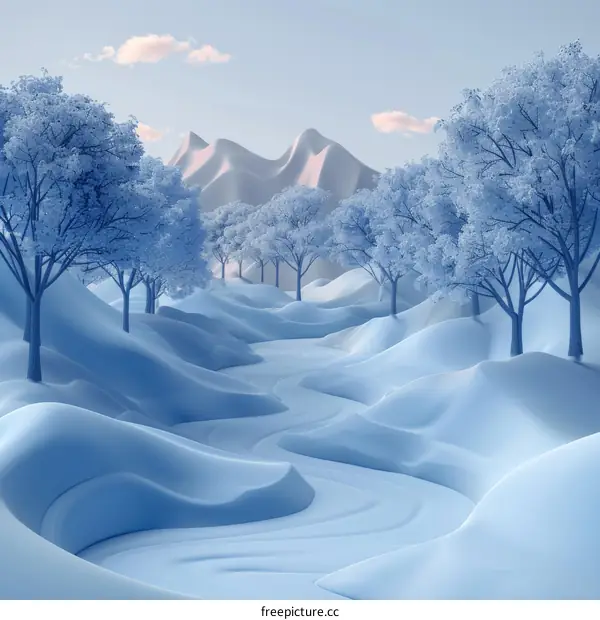 Blue and white snowy mountains and trees