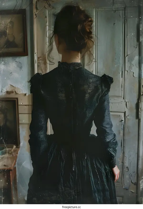 Woman in black dress standing in front of the door