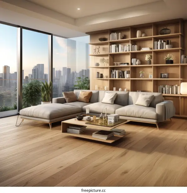 Expansive living room with large windows, modern bookcase, and city view