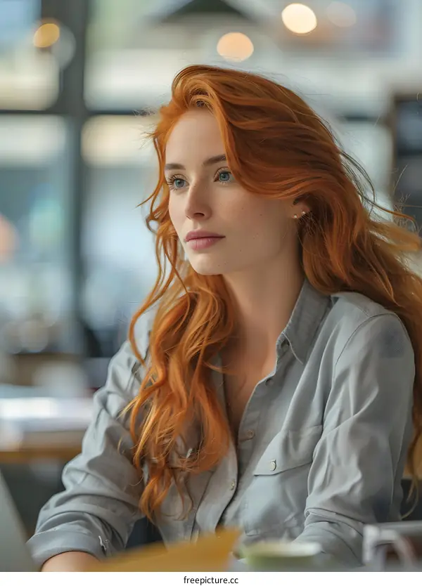 portrait of a beautiful redheaded woman in a gray shirt