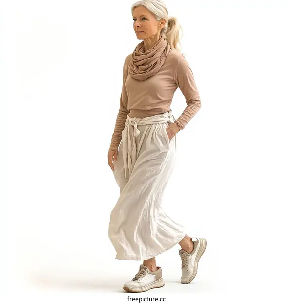 Stylish Woman Wearing Beige Top and Cream Pants