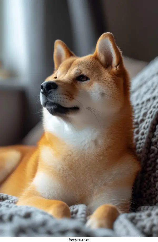A Shiba Inu dog is sitting on a gray blanket and looking away from the camera