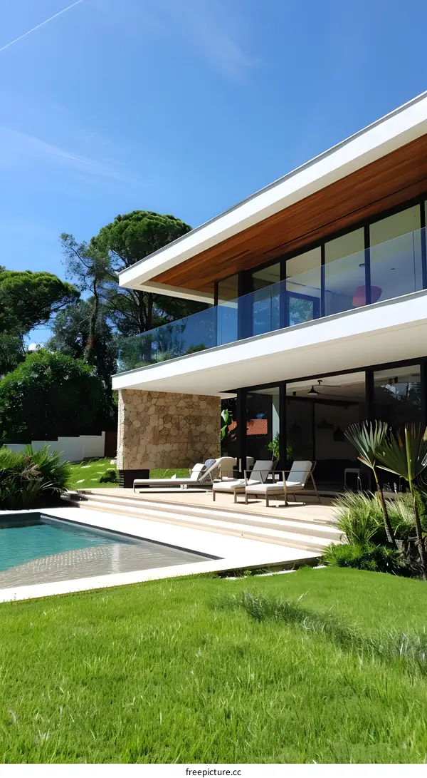 Modern House with Swimming Pool and Green Lawn