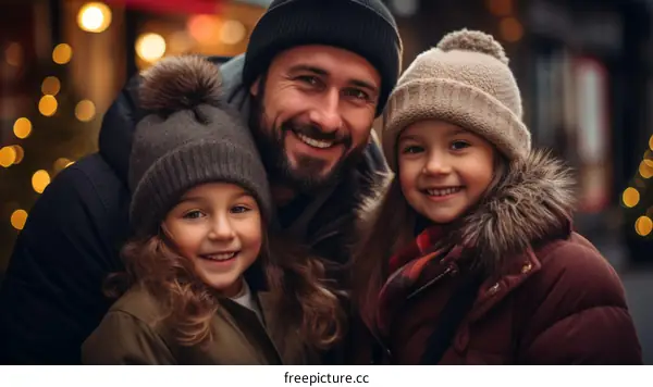 Happy family of three smiling and posing for a photo during the holidays