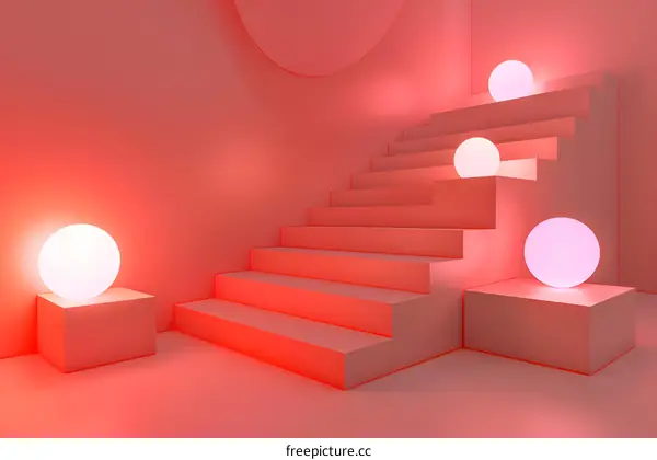 Minimalist 3D Render of Pink Staircase With Glowing Sphere Lights
