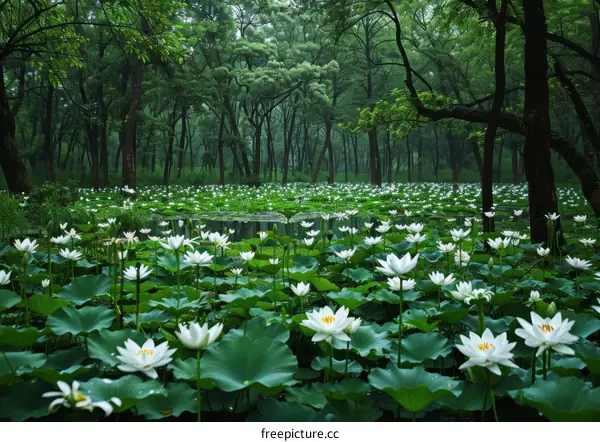 Serene Lotus Pond in a Forest