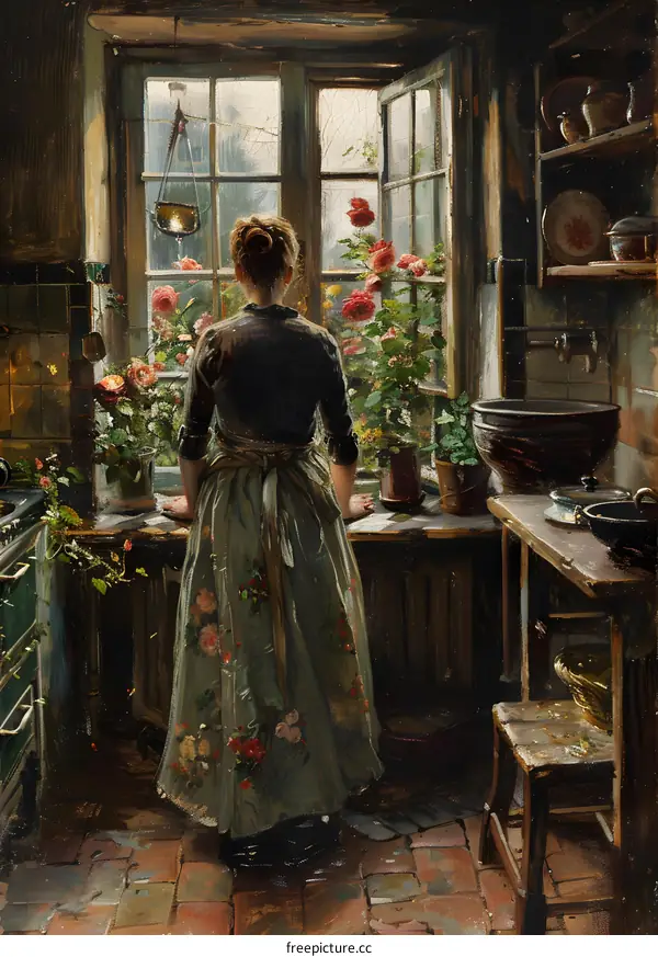 A woman standing in a kitchen looking out the window