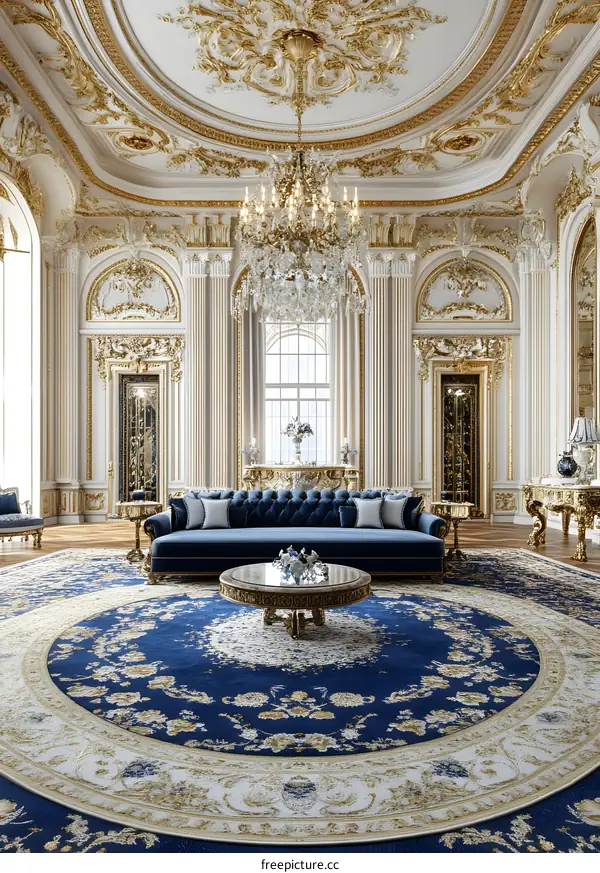 Luxury Living Room Interior Design with Gold Accents and a Blue Sofa