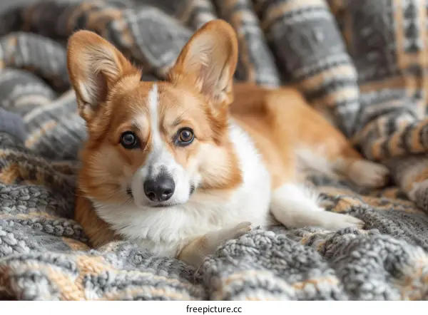 A fluffy corgi puppy is napping peacefully on a gray and white blanket