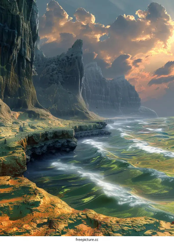 Dramatic Rocky Coastline with Green Sea