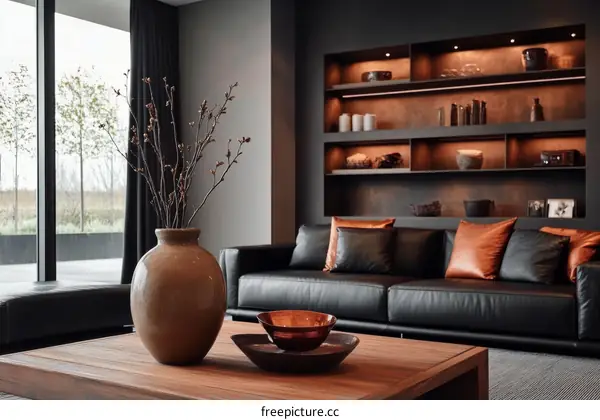 Modern Living Room Interior Design with Dark Accents