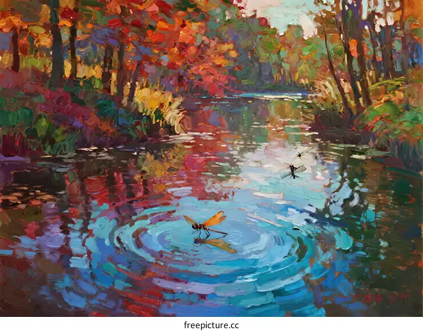 Autumn forest lake with dragonfly rippling water