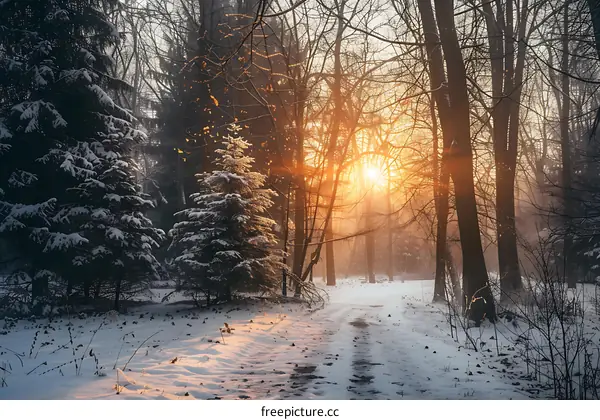 Winter Forest Trail With Snow Covered Trees And Sunlight