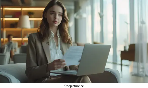 A young woman in a business suit is sitting in a chair and looking at a document while using laptop.