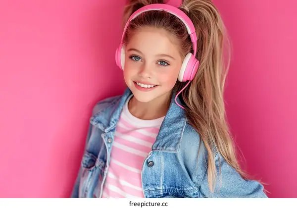 Stylish Girl with Pink Headphones against Pink Background