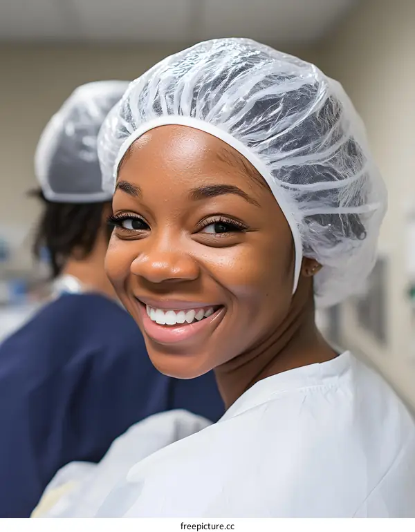 Smiling African American Female Nurse Wearing Surgical Cap and Gown