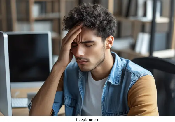 Young Man Experiencing Headache at Workplace