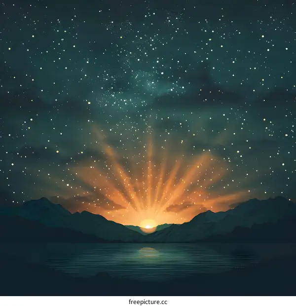 Night landscape with mountains and lake under starry sky