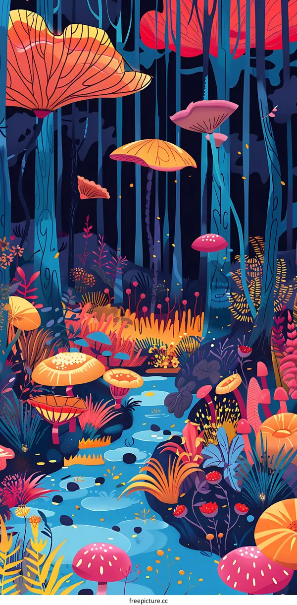 Colorful Fantasy Forest Illustration With Stream And Mushrooms