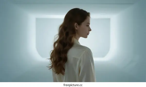 Rear View of Woman with Long Wavy Hair in White Shirt