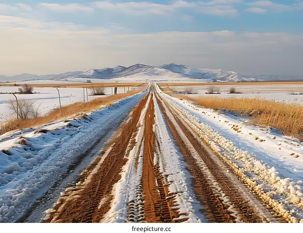 Snow on the dirt road in the countryside