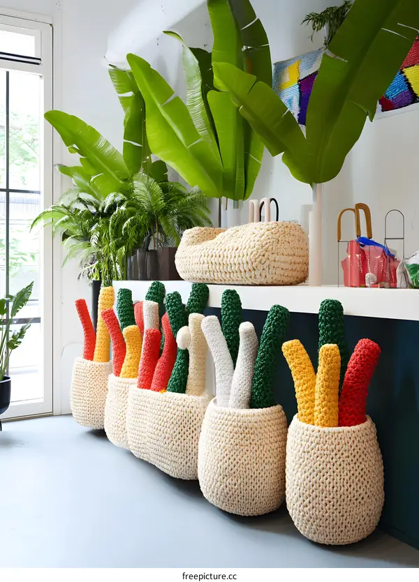Knitted Plant Baskets With Green Leaves