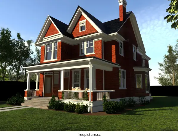 Red Brick Victorian Style Home with Front Porch