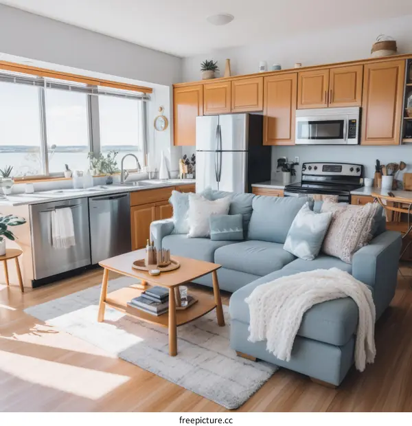 Modern apartment living room with lake view