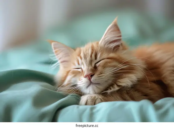 A ginger tabby cat is sleeping on a soft blanket on a bed