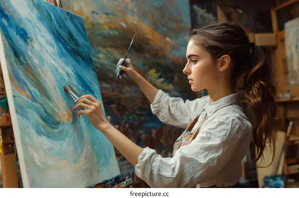 Woman Artist Painting Abstract Art in Studio