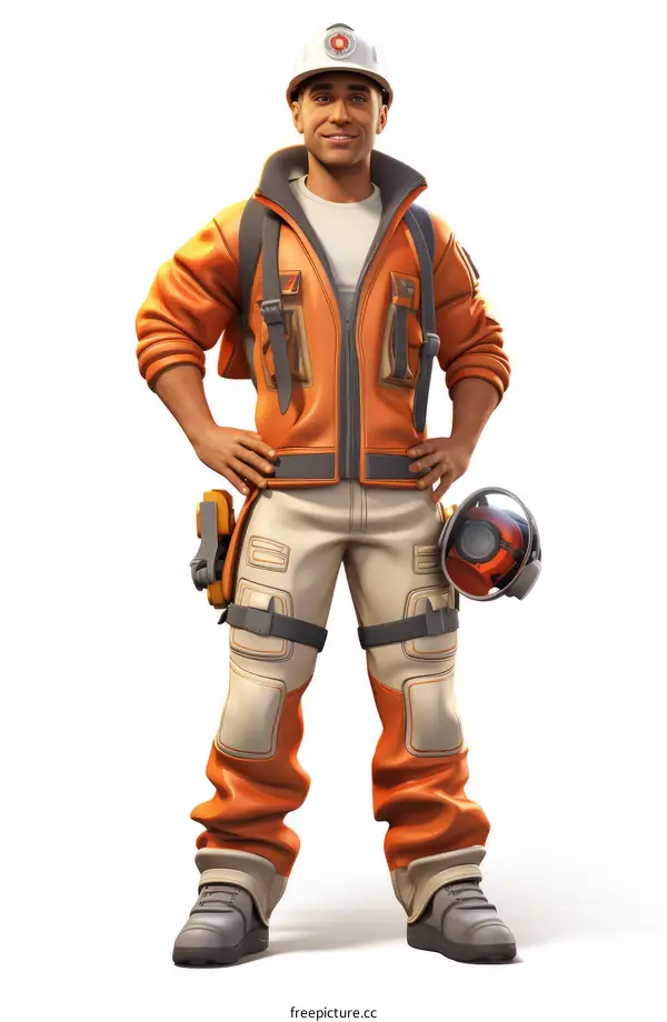 A construction worker wearing an orange hard hat and white shirt