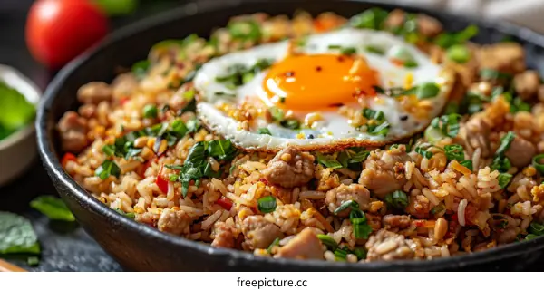 Indonesian style chicken fried rice with sunny side up egg