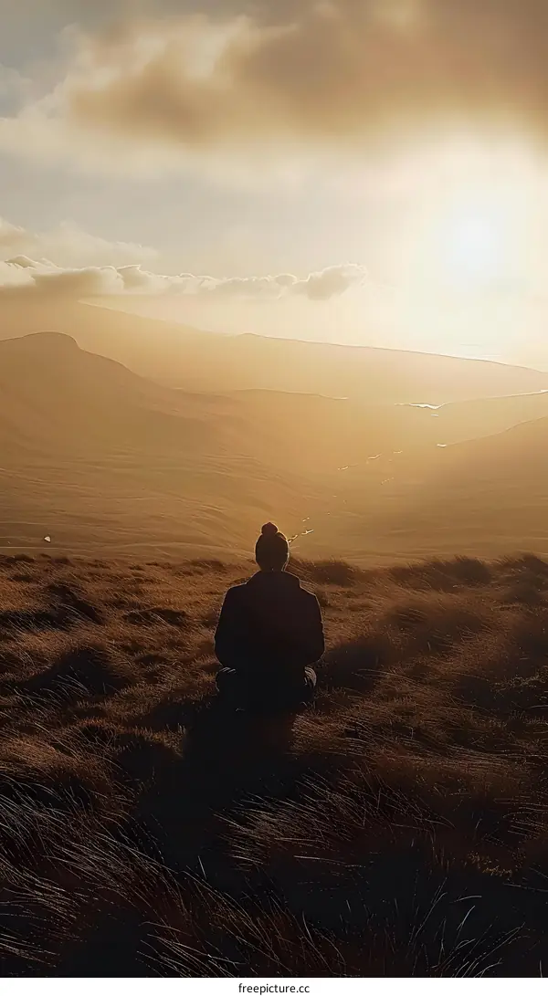 Silhouette of a Person Sitting on a Hilltop at Sunset