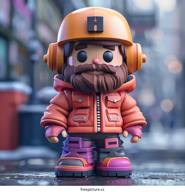 3D illustration of a cartoon construction worker wearing a hard hat and winter clothes