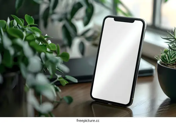 Blank Smartphone Screen on Desk with Plants