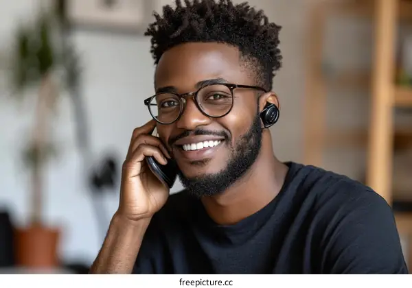 Smiling African Man Talking on Phone