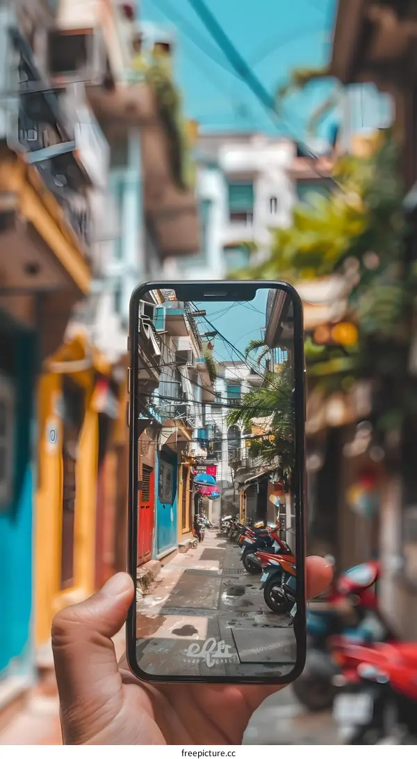 Phone Screen Capturing a Narrow Alley in a City