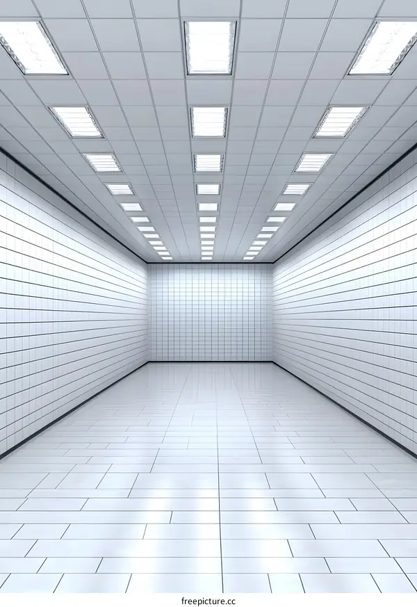 Empty White Room with Tiled Walls and Ceiling Lights