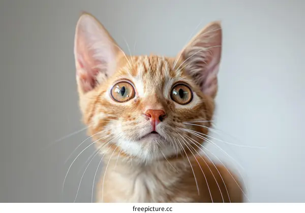 A ginger cat looking up with wide eyes