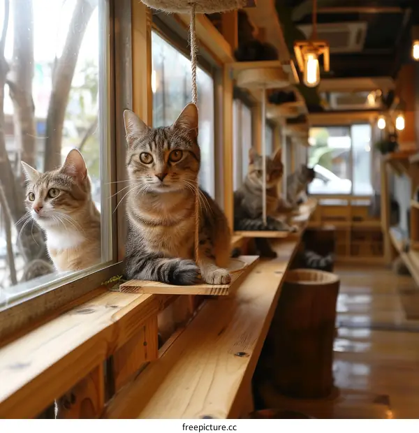 Cats in a Japanese cafe looking out the window