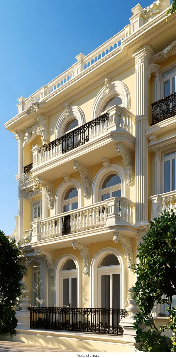 Classic Architecture Building Facade with White Columns and Balconies